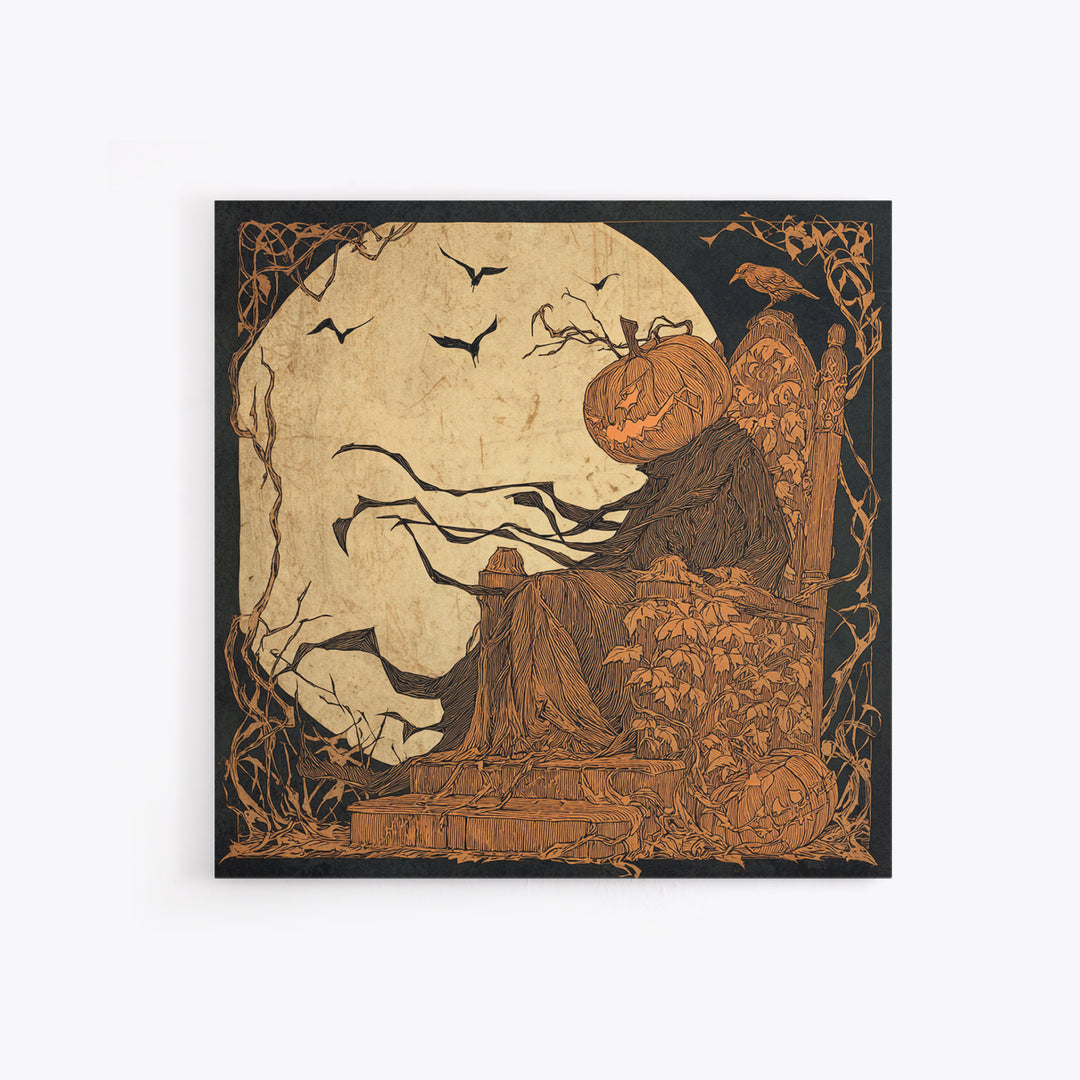 The Jack-O'-Lantern Throne, Decadent Line Art, Square Wall Art, Dark Halloween Decor, Framed Canvas Print, Halloween Wall Art