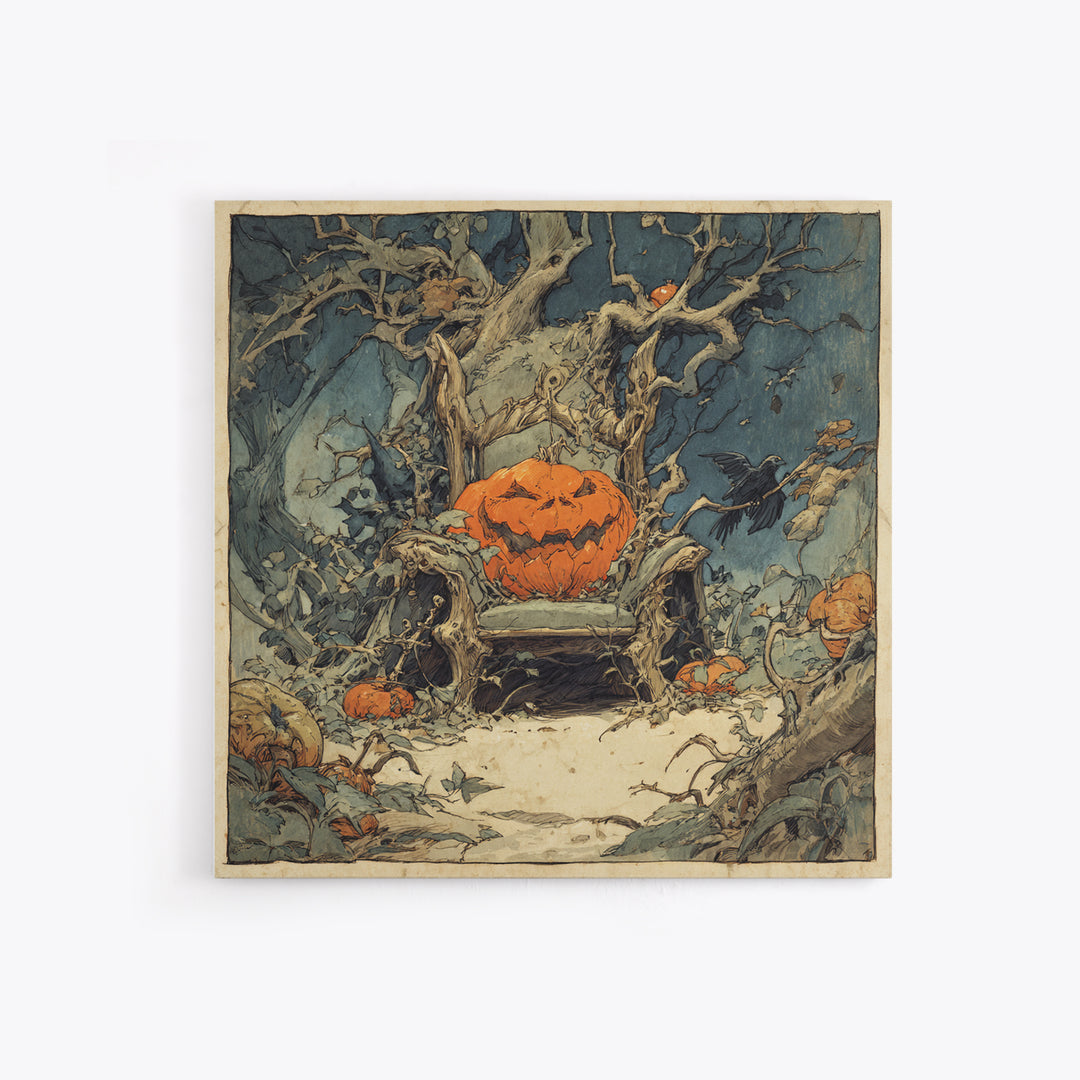 The Jack-O'-Lantern Throne, Gothic Storybook Art, Square Wall Art, Macabre Wall Art, Canvas Print, Halloween Wall Art
