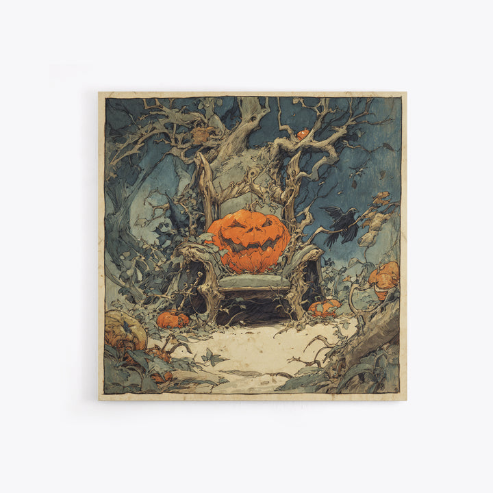 The Jack-O'-Lantern Throne, Gothic Storybook Art, Square Wall Art, Macabre Wall Art, Canvas Print, Halloween Wall Art