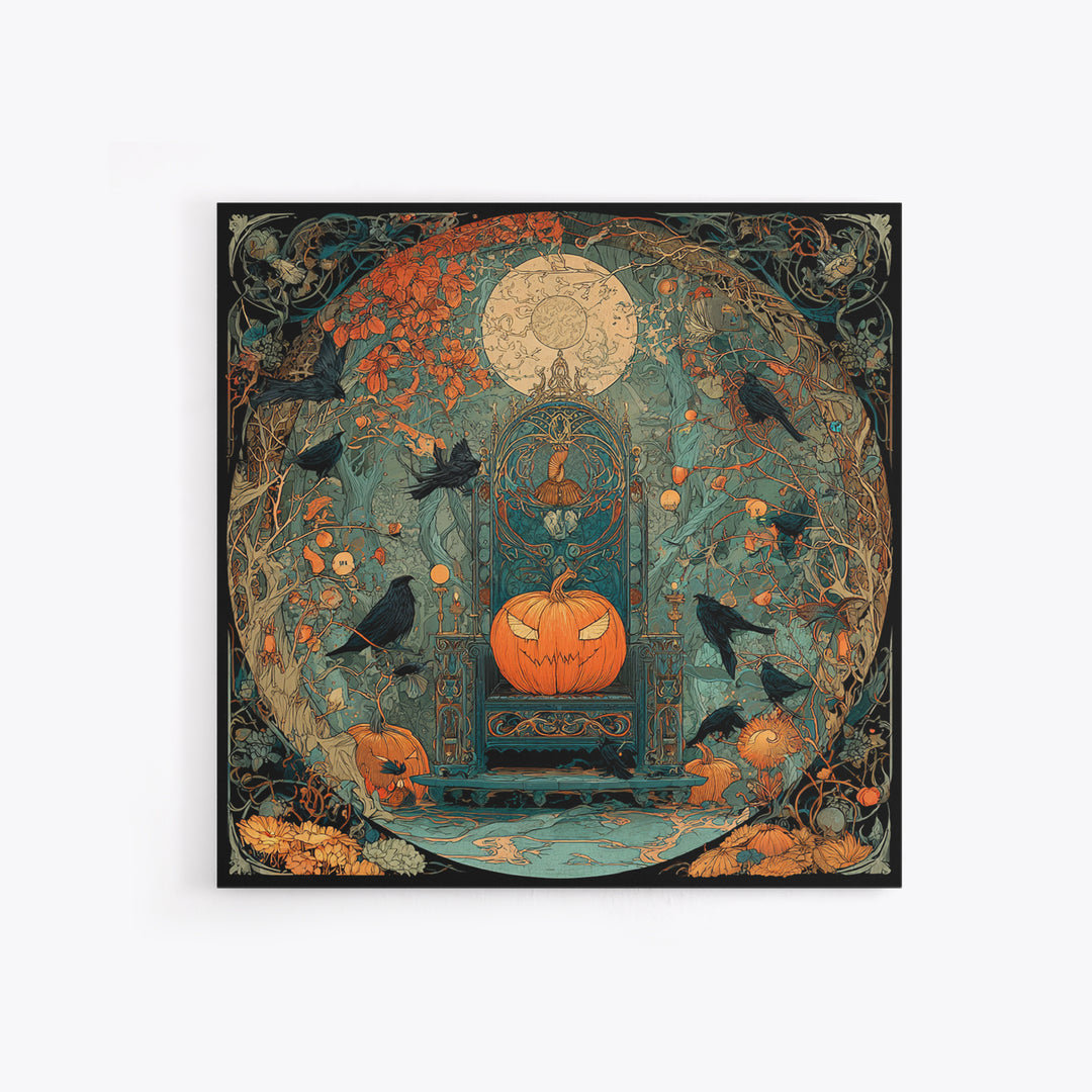 The Jack-O'-Lantern Throne, Stained Glass Gothic Art, Square Wall Art, Macabre Wall Art, Framed Canvas Print, Halloween Wall Art