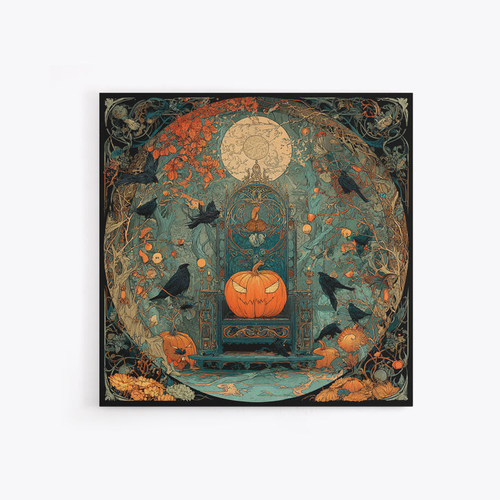 The Jack-O'-Lantern Throne, Stained Glass Gothic Art, Square Wall Art, Macabre Wall Art, Framed Canvas Print, Halloween Wall Art