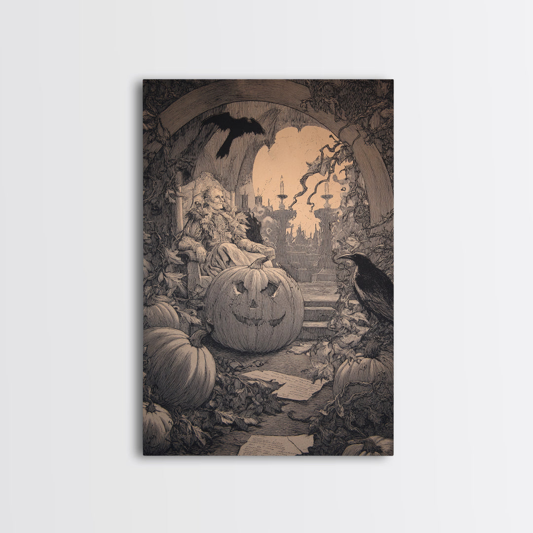 The Jack-O'-Lantern Throne, Victorian Macabre Art, Vertical Wall Art, Gothic Horror Wall Art, Framed Canvas Print, Halloween Wall Art