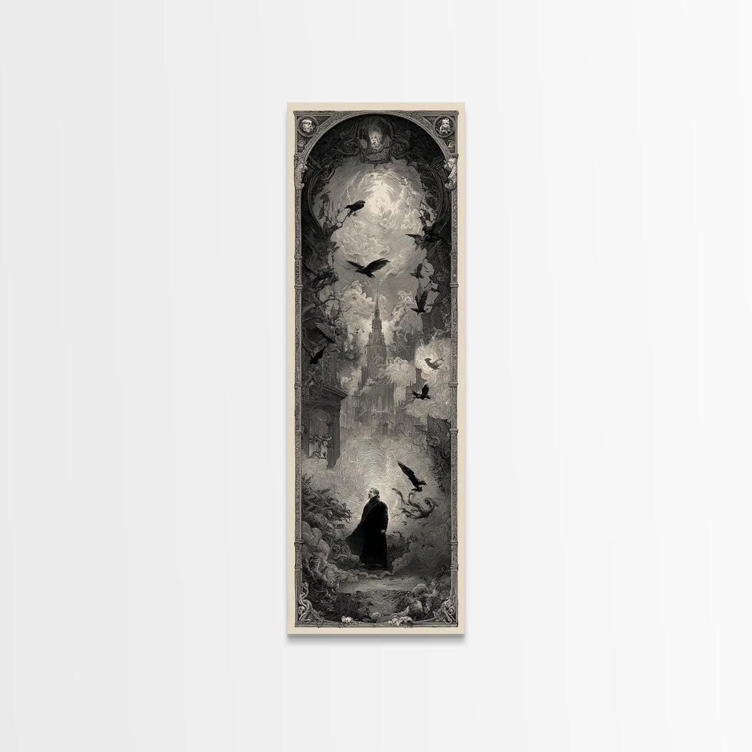 The Haunted Portrait, Gothic Engraving Art, Tall Narrow Wall Art, Dark Fantasy Wall Art, Framed Canvas Print, Halloween Wall Art