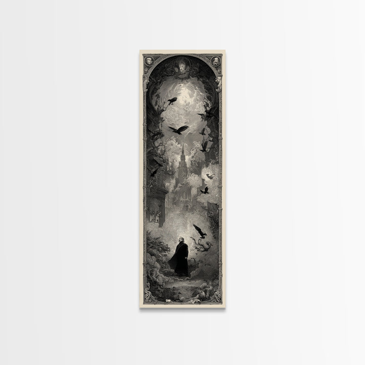 The Haunted Portrait, Gothic Engraving Art, Tall Narrow Wall Art, Dark Fantasy Wall Art, Framed Canvas Print, Halloween Wall Art