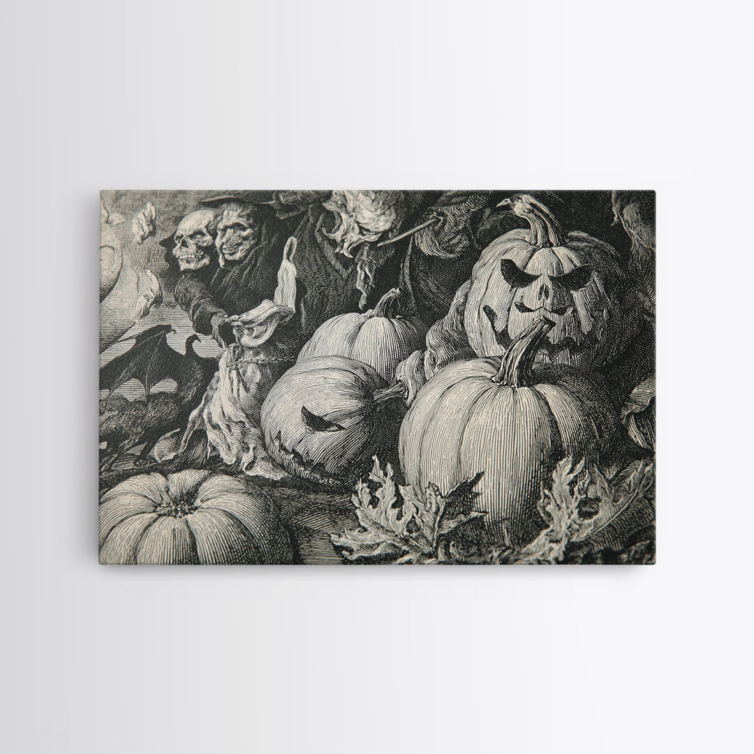 Vintage Orange-And-Black Halloween, Renaissance Engraving Art, Landscape Wall Art, Dark Fantasy Wall Art, Framed Canvas Print