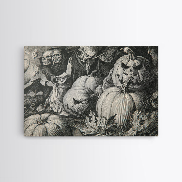 Vintage Orange-And-Black Halloween, Renaissance Engraving Art, Landscape Wall Art, Dark Fantasy Wall Art, Framed Canvas Print
