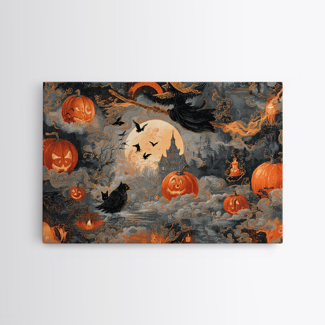 Vintage Orange-And-Black Halloween, Visionary Gothic Art, Landscape Wall Art, Macabre Wall Art, Canvas Print, Halloween Wall Art