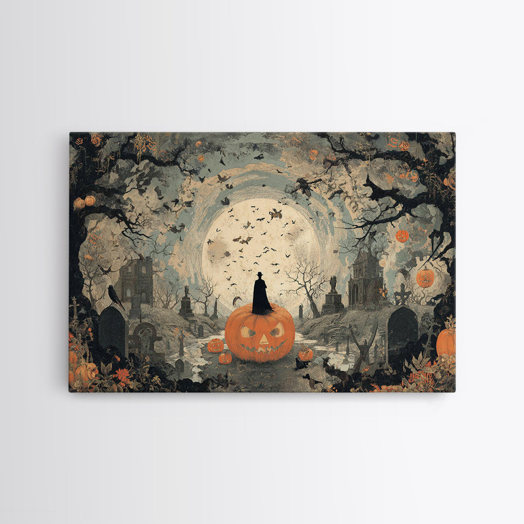 Vintage Orange-And-Black Halloween, Romantic Gothic Landscape, Landscape Wall Art, Dark Fantasy Wall Art, Canvas Print