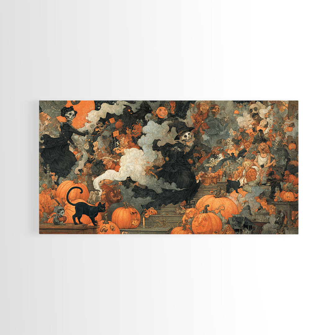 Vintage Orange-And-Black Halloween, Grotesque Carnival Art, Wide Panoramic Art, Macabre Wall Art, Framed Canvas Print, Halloween Wall Art