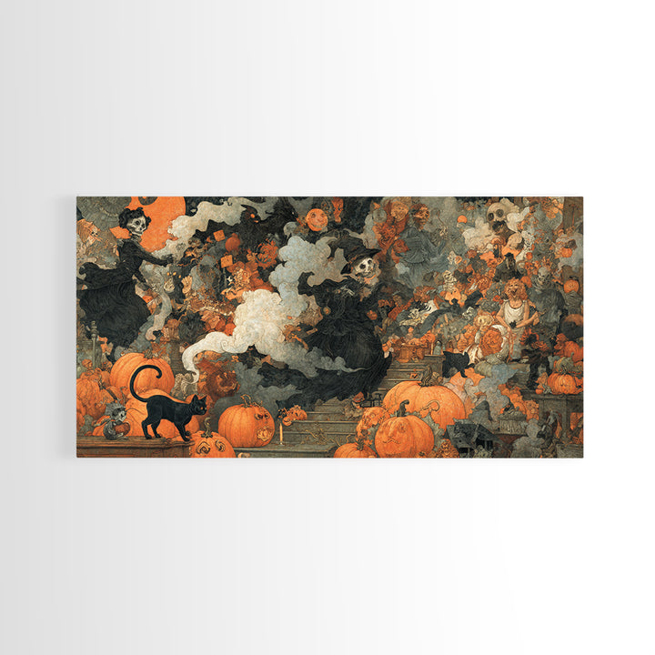 Vintage Orange-And-Black Halloween, Grotesque Carnival Art, Wide Panoramic Art, Macabre Wall Art, Framed Canvas Print, Halloween Wall Art