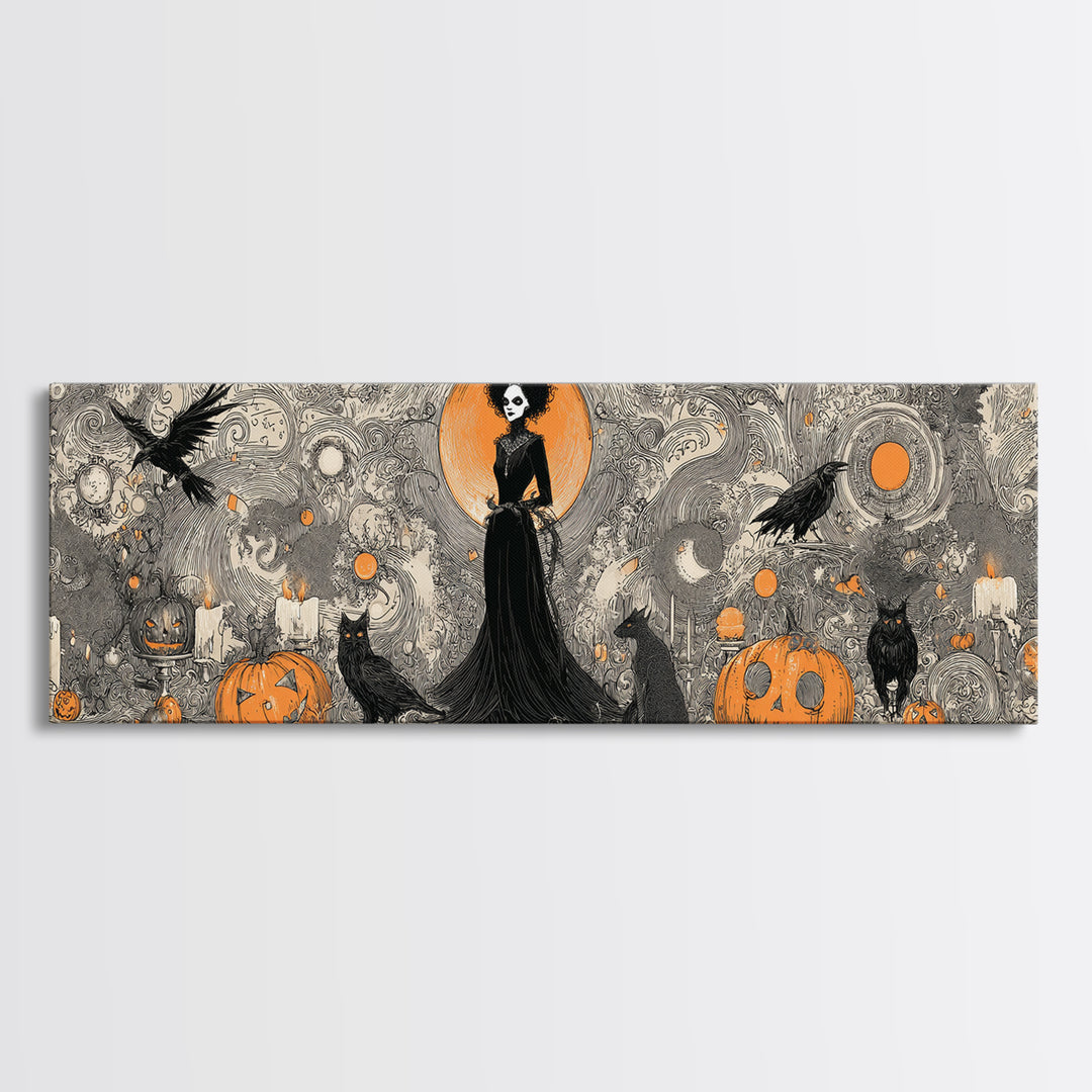 Vintage Orange-And-Black Halloween, Decadent Line Art, Extra Wide Wall Art, Macabre Wall Art, Canvas Print, Halloween Wall Art