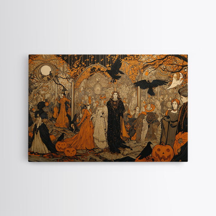 Vintage Orange-And-Black Halloween, Stained Glass Gothic Art, Landscape Wall Art, Macabre Wall Art, Canvas Print, Halloween Wall Art