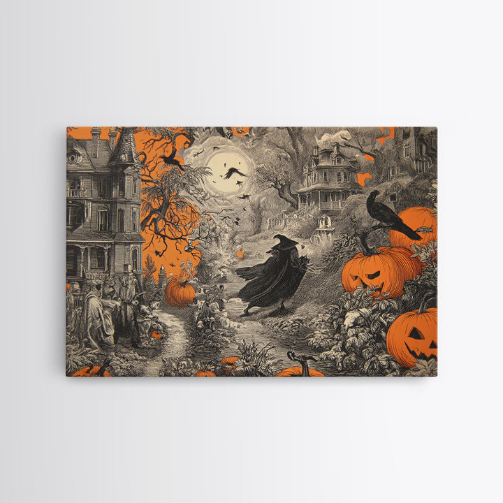 Vintage Orange-And-Black Halloween, Victorian Macabre Art, Landscape Wall Art, Macabre Wall Art, Canvas Print, Halloween Wall Art