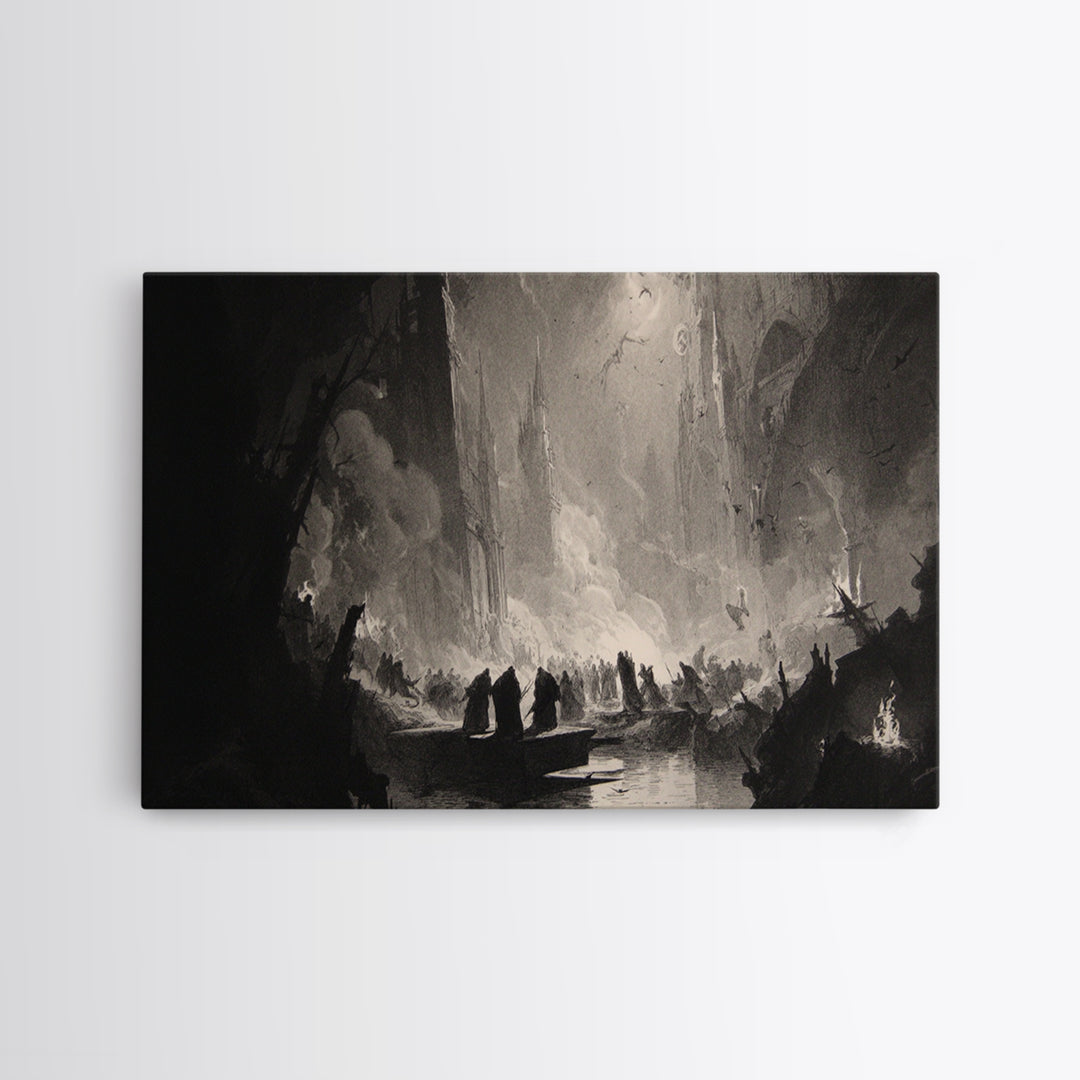 Monochrome Gothic Halloween, Gothic Engraving Art, Landscape Wall Art, Macabre Wall Art, Framed Canvas Print, Halloween Wall Art