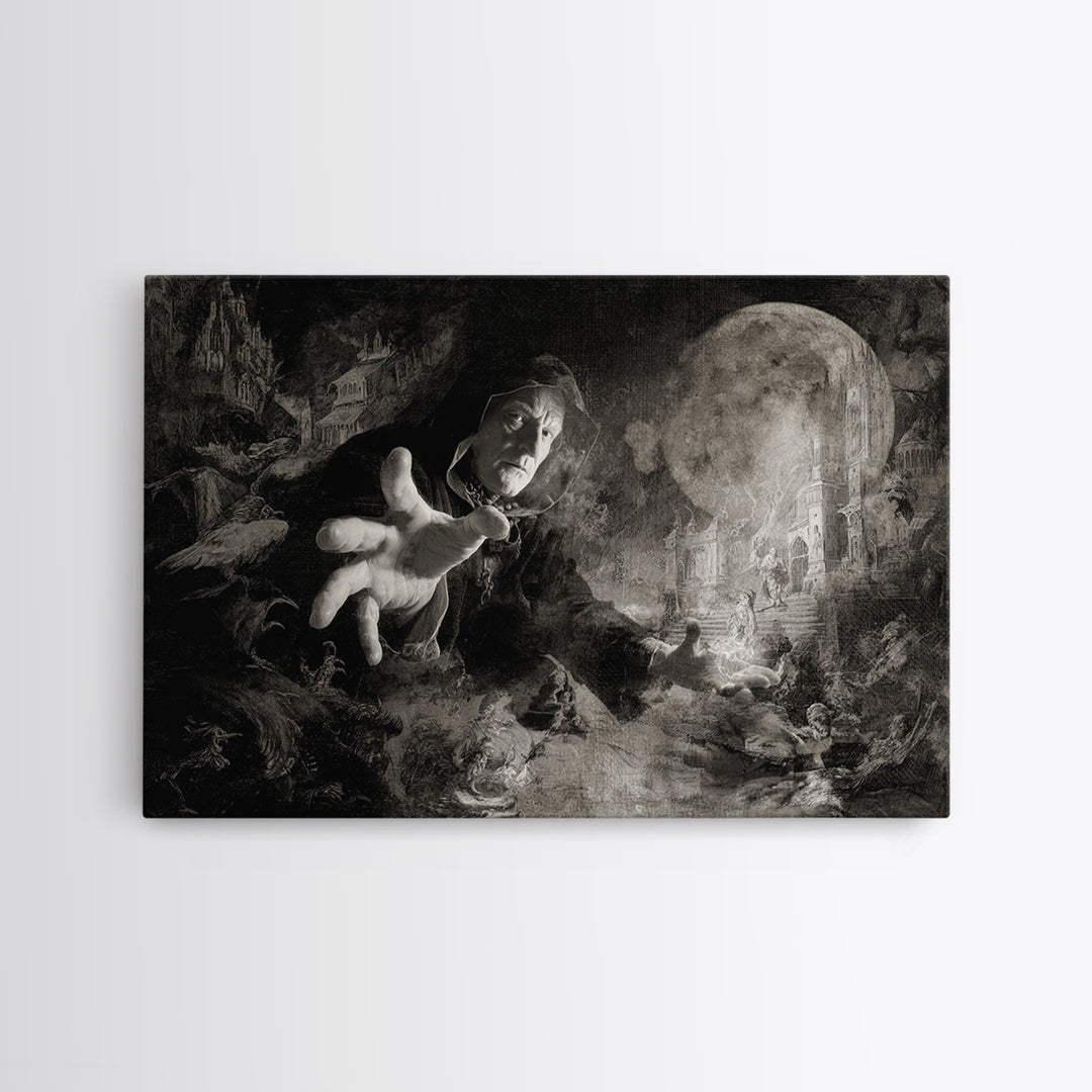 Monochrome Gothic Halloween, Medieval Grotesque Art, Landscape Wall Art, Dark Halloween Decor, Framed Canvas Print, Macabre Wall Art