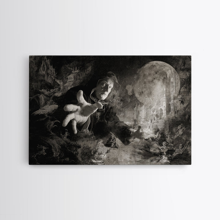 Monochrome Gothic Halloween, Medieval Grotesque Art, Landscape Wall Art, Dark Halloween Decor, Framed Canvas Print, Macabre Wall Art