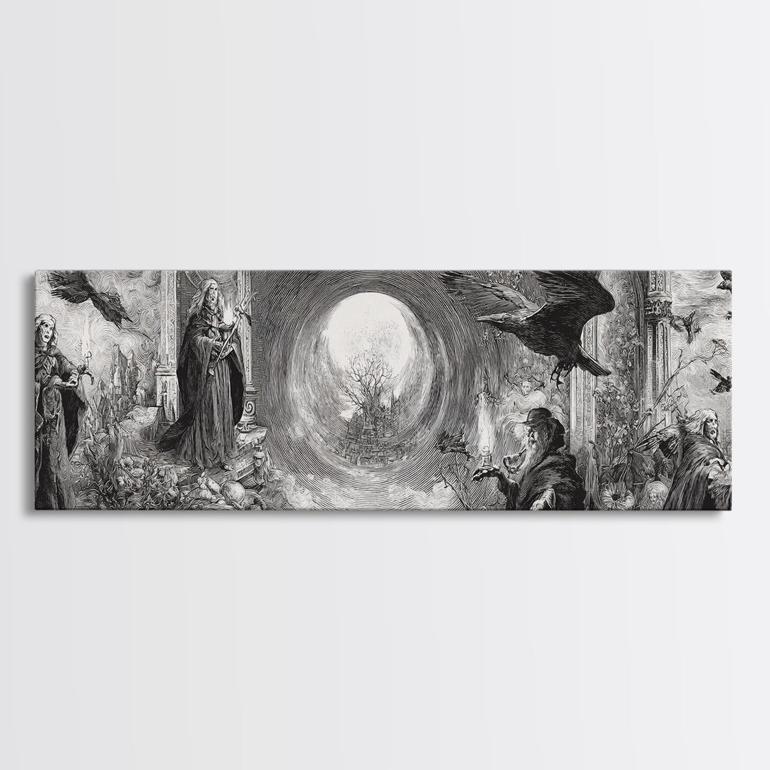 Monochrome Gothic Halloween, Renaissance Engraving Art, Extra Wide Wall Art, Gothic Horror Wall Art, Canvas Print, Halloween Wall Art