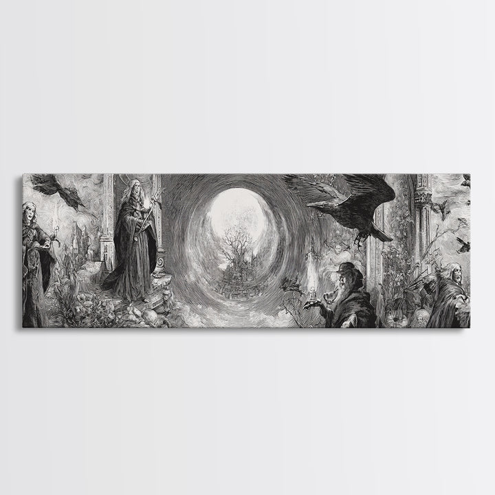 Monochrome Gothic Halloween, Renaissance Engraving Art, Extra Wide Wall Art, Gothic Horror Wall Art, Canvas Print, Halloween Wall Art