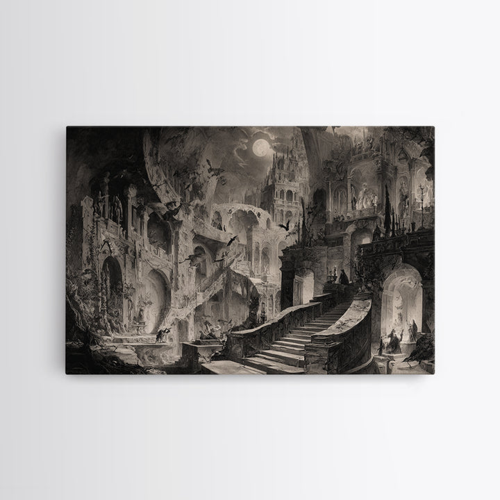 Monochrome Gothic Halloween, Architectural Etching Art, Landscape Wall Art, Dark Fantasy Wall Art, Canvas Print