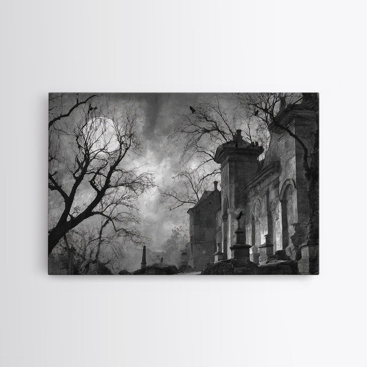 Monochrome Gothic Halloween, Romantic Gothic Landscape, Landscape Wall Art, Dark Fantasy Wall Art, Framed Canvas Print