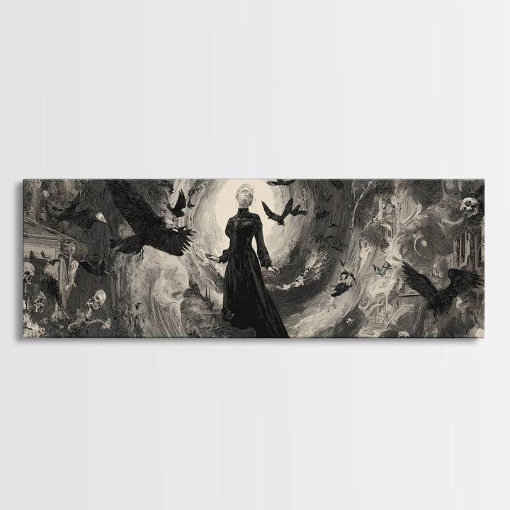 Monochrome Gothic Halloween, Decadent Gothic Art, Extra Wide Wall Art, Gothic Horror Wall Art, Framed Canvas Print, Gothic Home Decor
