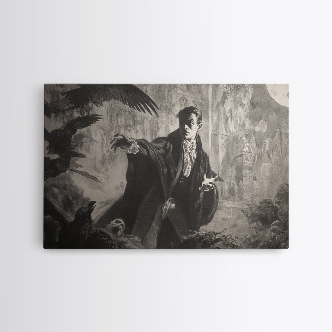 Monochrome Gothic Halloween, Symbolist Etching Art, Landscape Wall Art, Dark Halloween Decor, Canvas Print, Halloween Wall Art