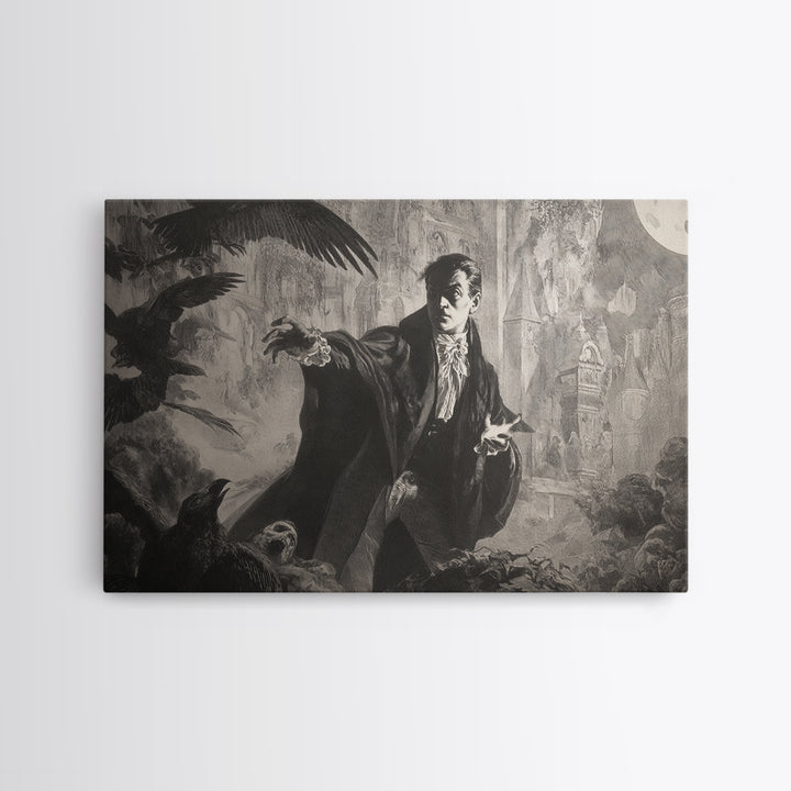 Monochrome Gothic Halloween, Symbolist Etching Art, Landscape Wall Art, Dark Halloween Decor, Canvas Print, Halloween Wall Art