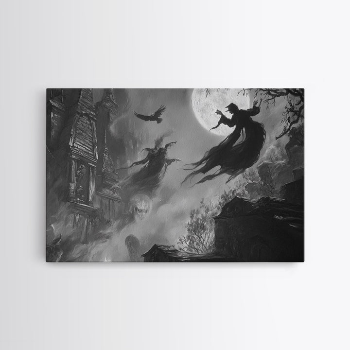 Monochrome Gothic Halloween, Expressionist Nightmare Art, Landscape Wall Art, Dark Halloween Decor, Framed Canvas Print, Halloween Wall Art