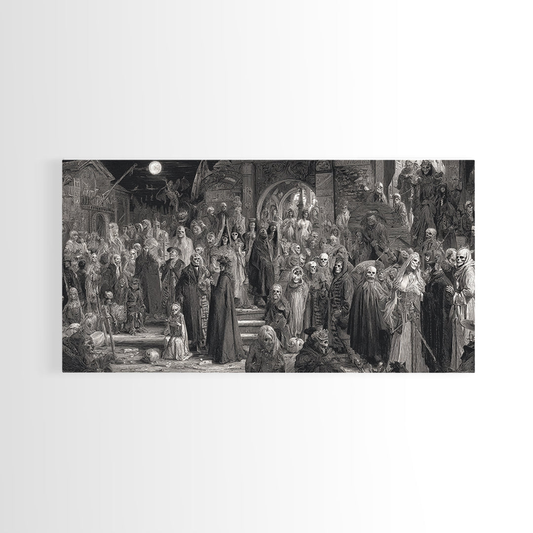 Monochrome Gothic Halloween, Grotesque Carnival Art, Wide Panoramic Art, Dark Halloween Decor, Canvas Print, Halloween Wall Art