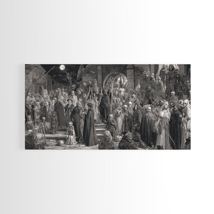 Monochrome Gothic Halloween, Grotesque Carnival Art, Wide Panoramic Art, Dark Halloween Decor, Canvas Print, Halloween Wall Art