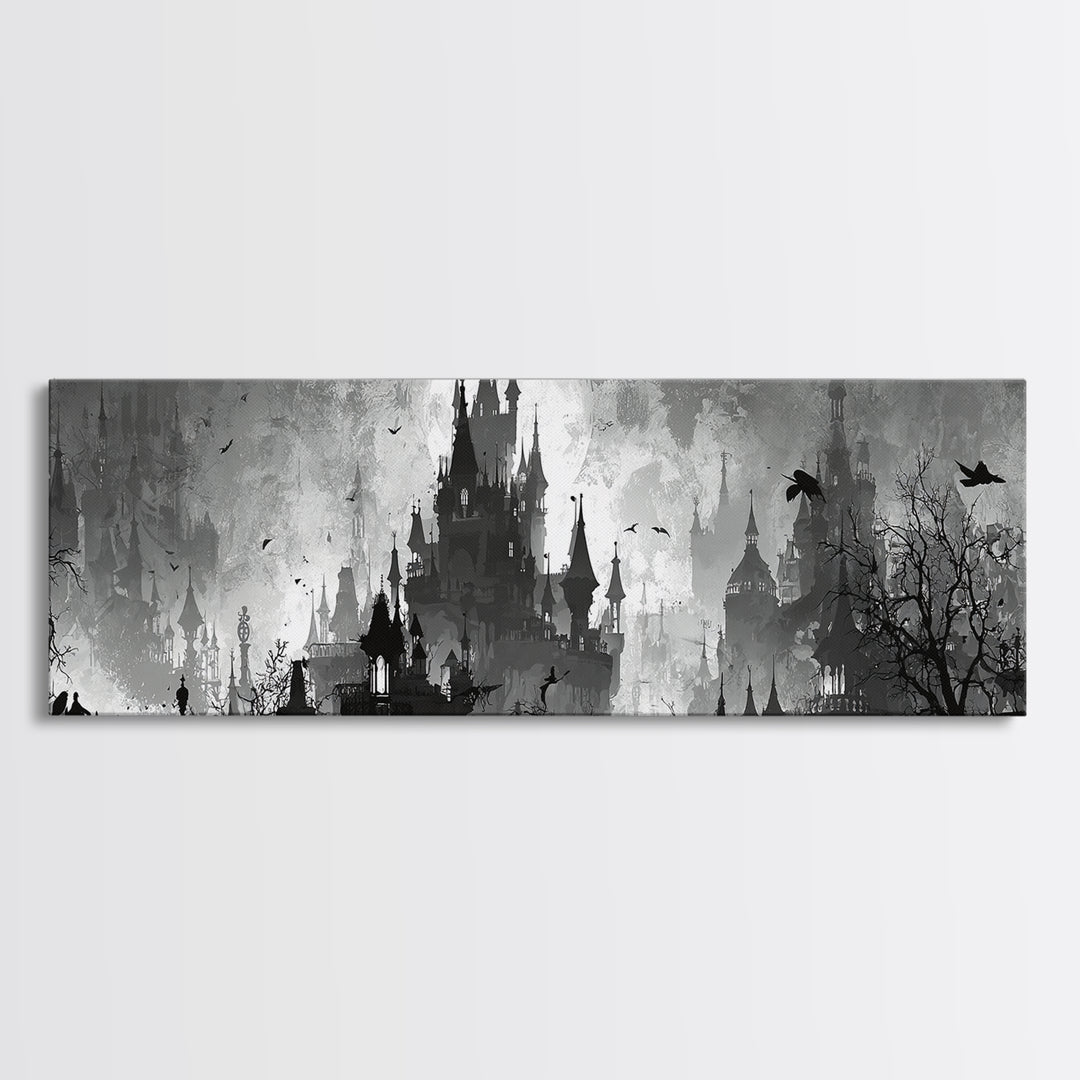 Monochrome Gothic Halloween, Decadent Line Art, Extra Wide Wall Art, Dark Halloween Decor, Canvas Print, Halloween Wall Art