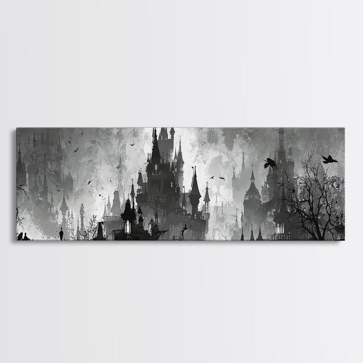 Monochrome Gothic Halloween, Decadent Line Art, Extra Wide Wall Art, Dark Halloween Decor, Canvas Print, Halloween Wall Art