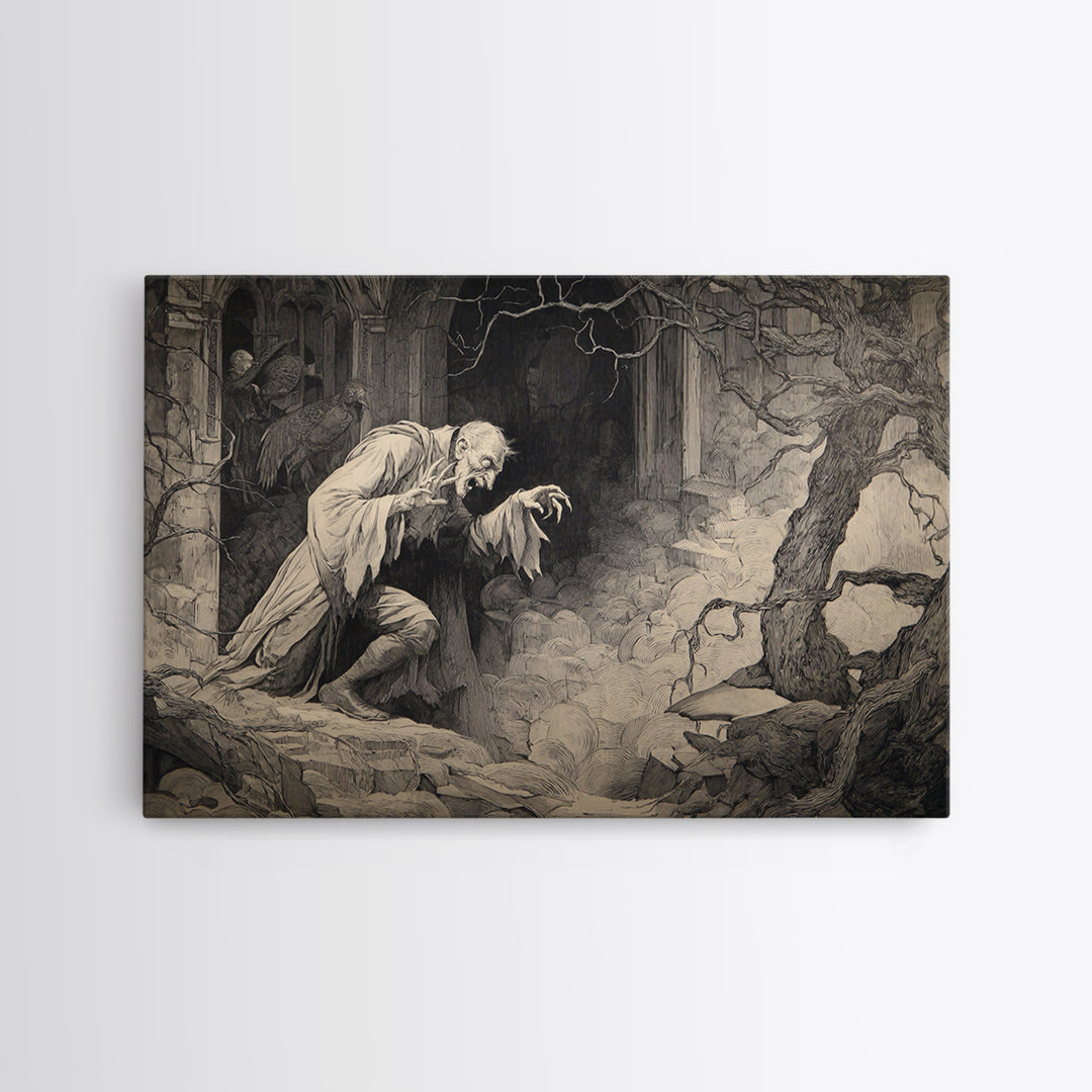 Monochrome Gothic Halloween, Gothic Storybook Art, Landscape Wall Art, Macabre Wall Art, Canvas Print, Halloween Wall Art