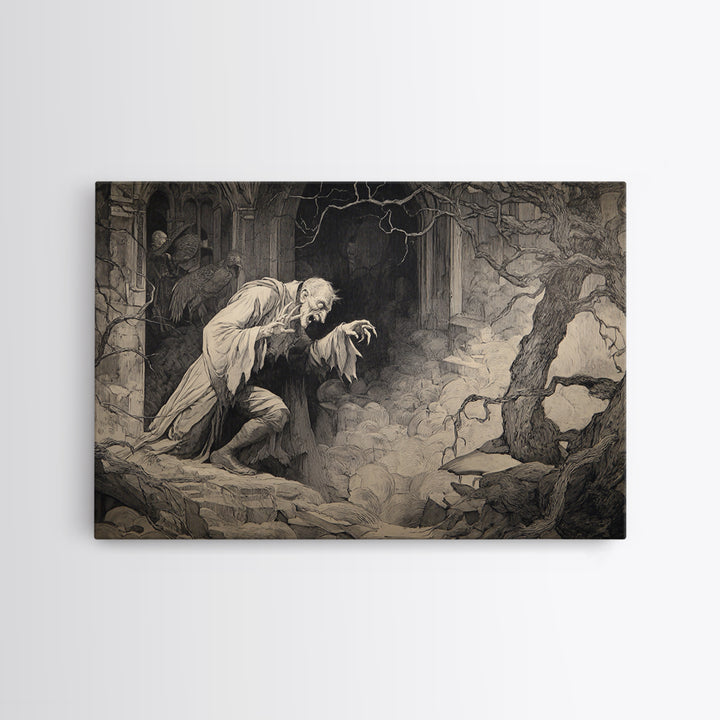 Monochrome Gothic Halloween, Gothic Storybook Art, Landscape Wall Art, Macabre Wall Art, Canvas Print, Halloween Wall Art