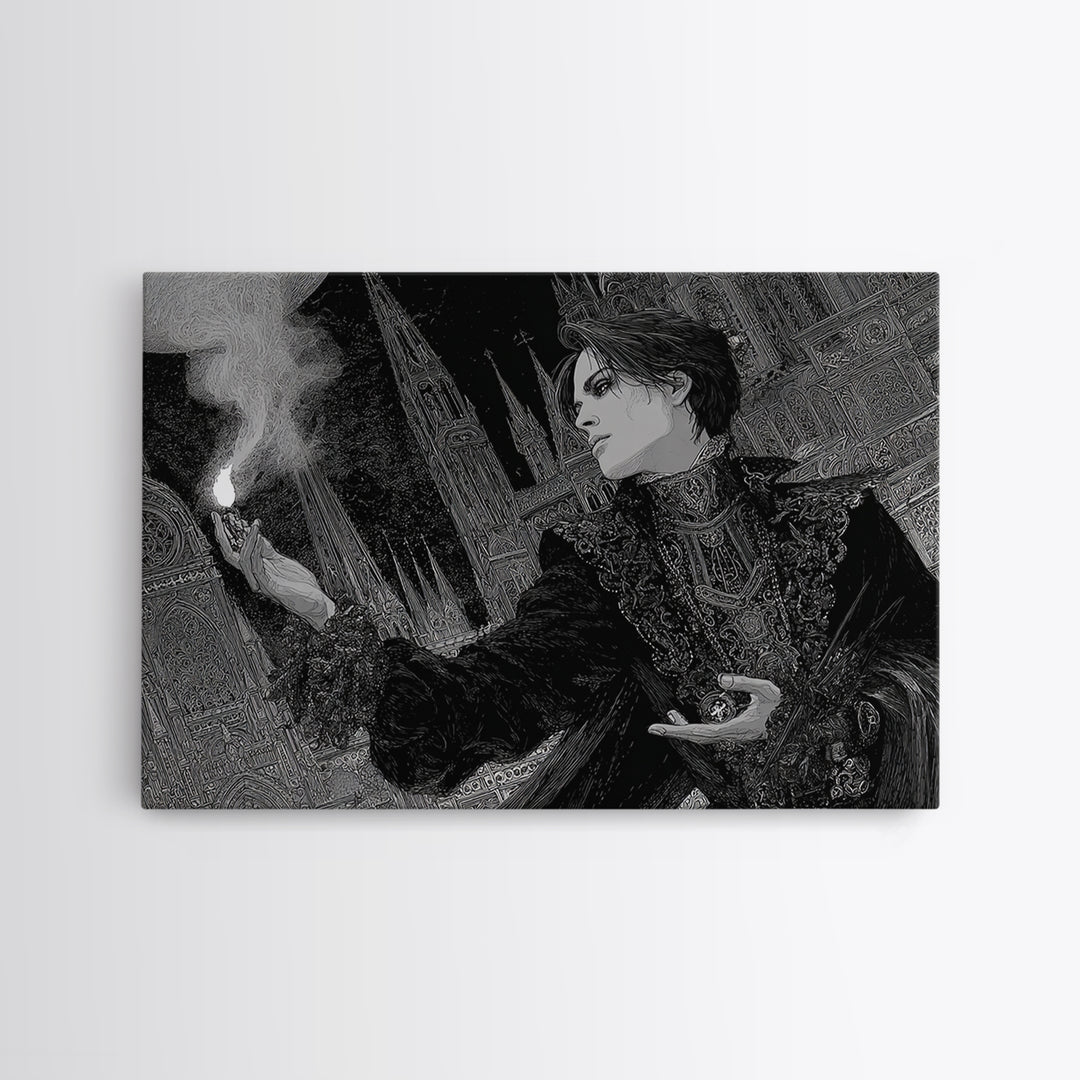 Monochrome Gothic Halloween, Stained Glass Gothic Art, Landscape Wall Art, Dark Halloween Decor, Framed Canvas Print, Halloween Wall Art