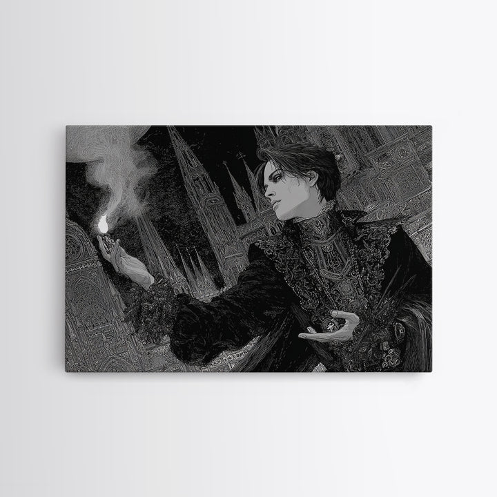 Monochrome Gothic Halloween, Stained Glass Gothic Art, Landscape Wall Art, Dark Halloween Decor, Framed Canvas Print, Halloween Wall Art