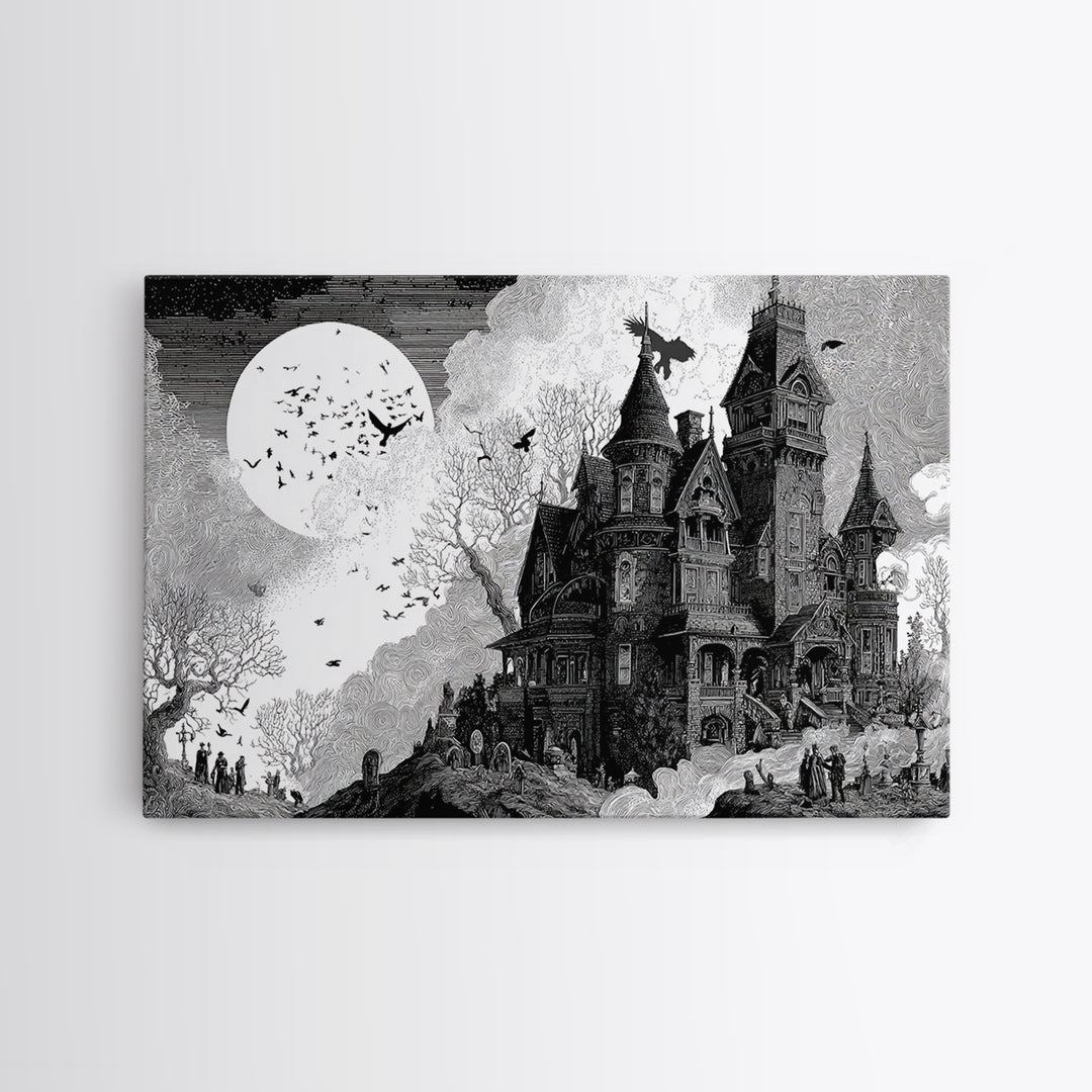 Monochrome Gothic Halloween, Victorian Macabre Art, Landscape Wall Art, Dark Halloween Decor, Canvas Print, Halloween Wall Art