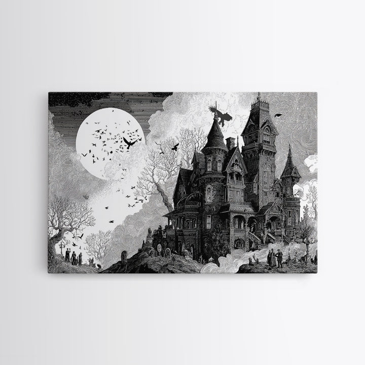 Monochrome Gothic Halloween, Victorian Macabre Art, Landscape Wall Art, Dark Halloween Decor, Canvas Print, Halloween Wall Art