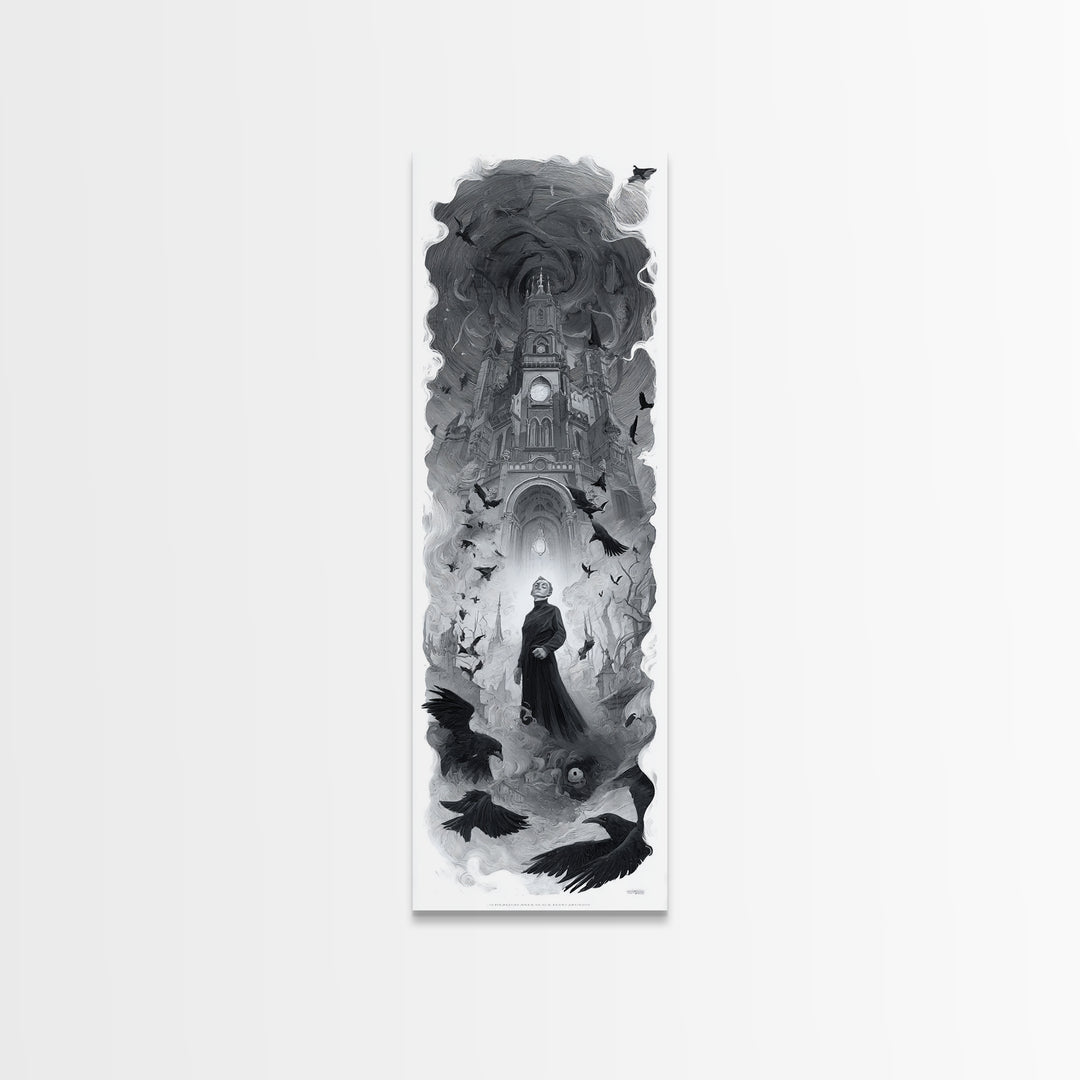 Monochrome Gothic Halloween, Surreal Apocalyptic Art, Tall Narrow Wall Art, Macabre Wall Art, Framed Canvas Print, Halloween Decor