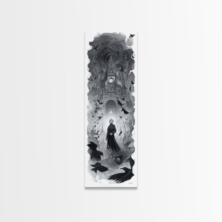 Monochrome Gothic Halloween, Surreal Apocalyptic Art, Tall Narrow Wall Art, Macabre Wall Art, Framed Canvas Print, Halloween Decor