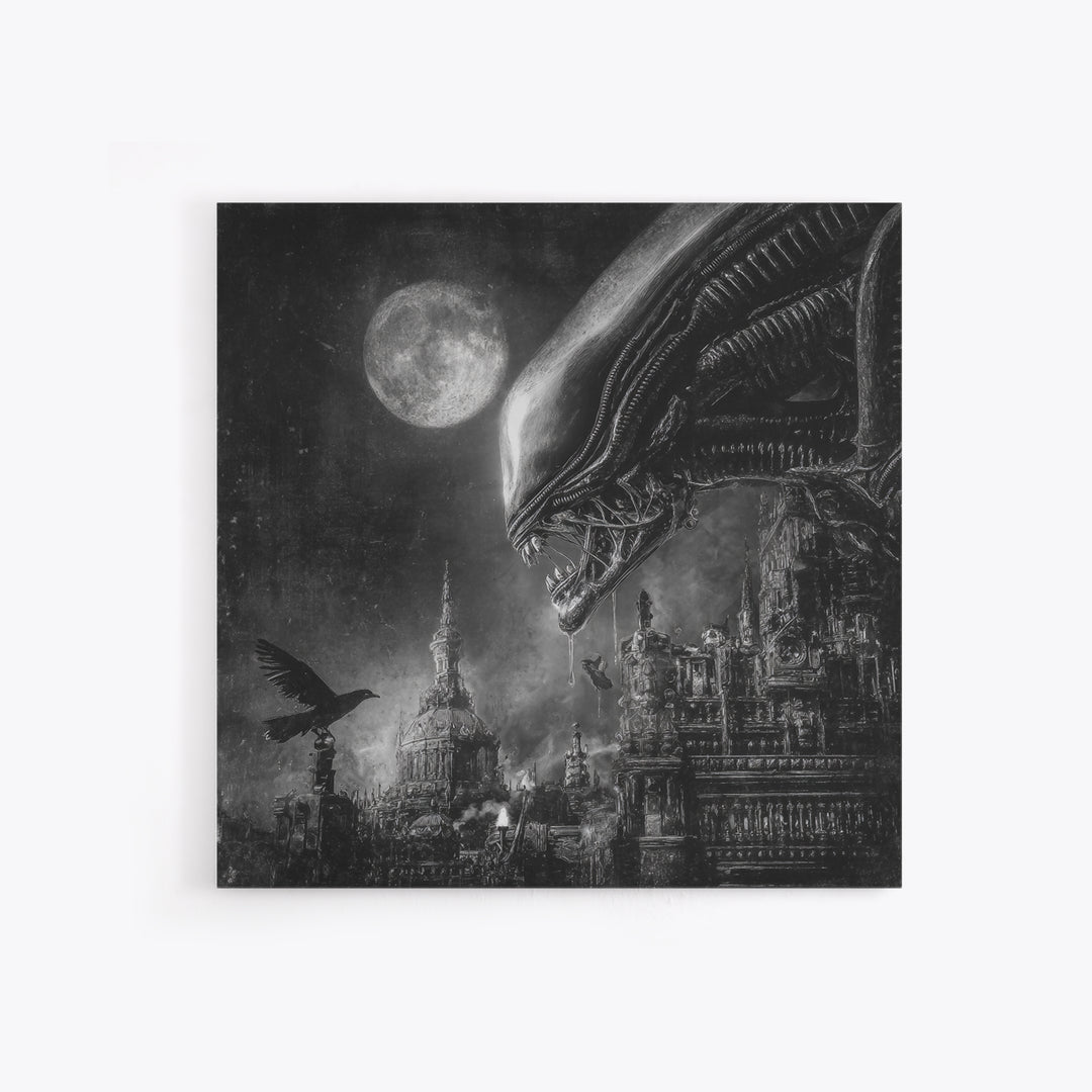 Monochrome Gothic Halloween, Biomechanical Horror Art, Square Wall Art, Gothic Horror Wall Art, Framed Canvas Print, Halloween Wall Art