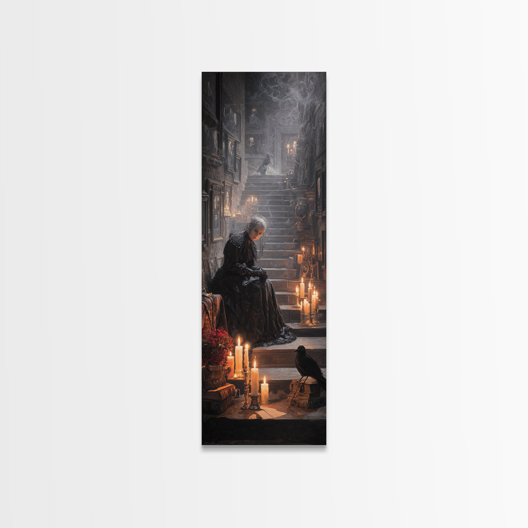 Victorian Mourning Halloween, Architectural Etching Art, Tall Narrow Wall Art, Gothic Horror Wall Art, Framed Canvas Print
