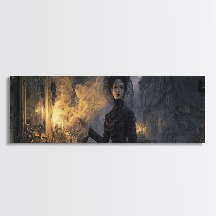 Victorian Mourning Halloween, Apocalyptic Romantic Art, Extra Wide Wall Art, Dark Halloween Decor, Framed Canvas Print, Halloween Wall Art