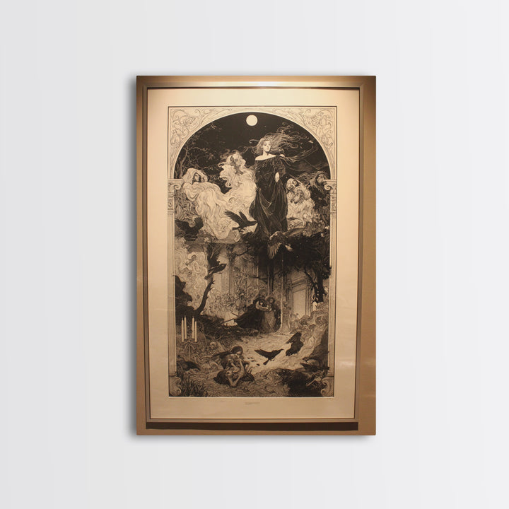 Art Nouveau Witchcraft, Renaissance Engraving Art, Vertical Wall Art, Macabre Wall Art, Framed Canvas Print, Halloween Wall Art