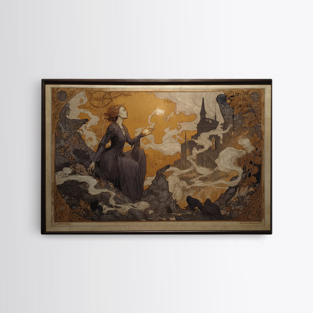 Art Nouveau Witchcraft, Romantic Gothic Landscape, Landscape Wall Art, Dark Halloween Decor, Canvas Print, Halloween Wall Art