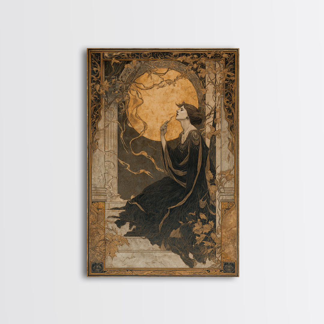 Art Nouveau Witchcraft, Decadent Gothic Art, Vertical Wall Art, Dark Halloween Decor, Framed Canvas Print, Halloween Wall Art
