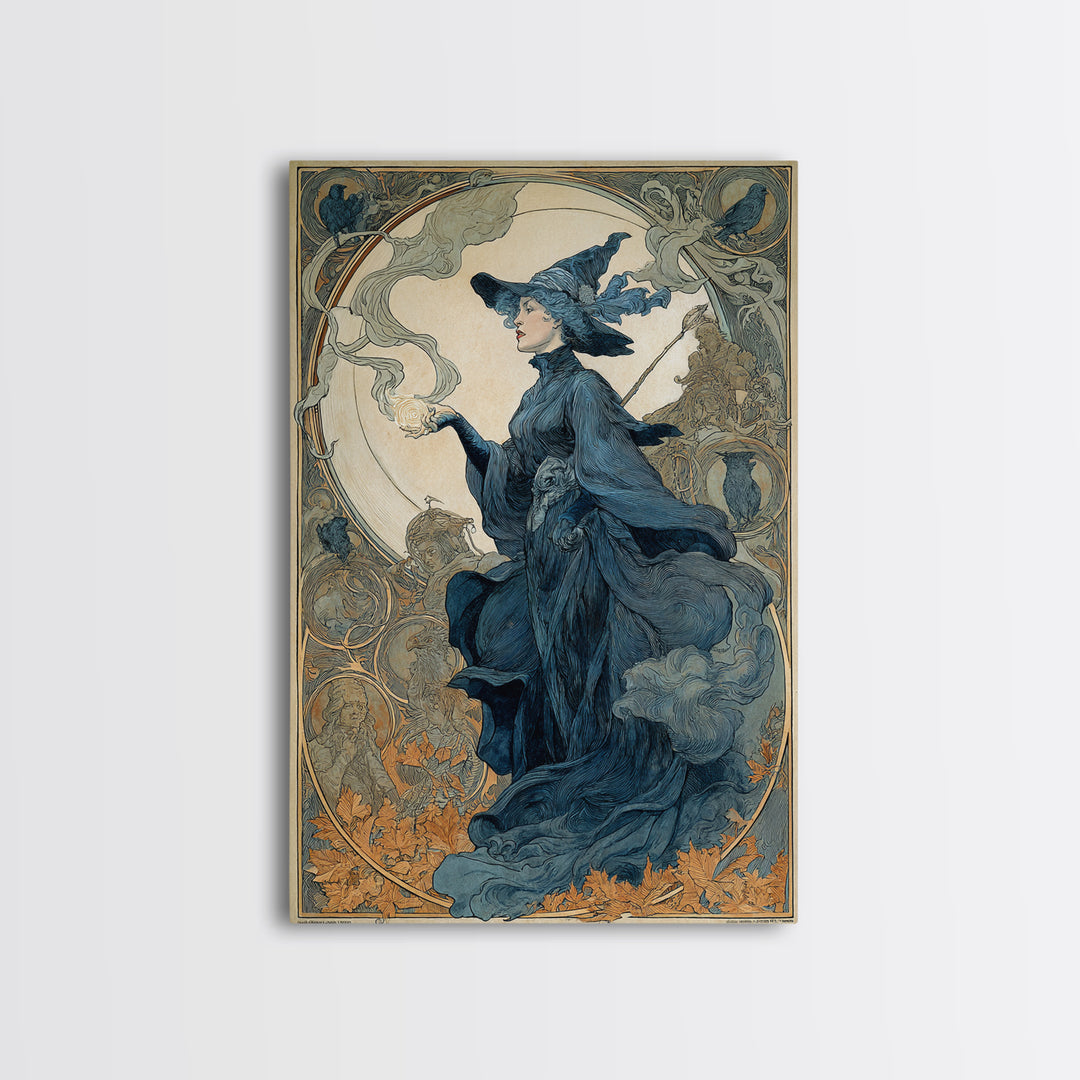 Art Nouveau Witchcraft, Symbolist Death Art, Vertical Wall Art, Dark Halloween Decor, Framed Canvas Print, Halloween Wall Art