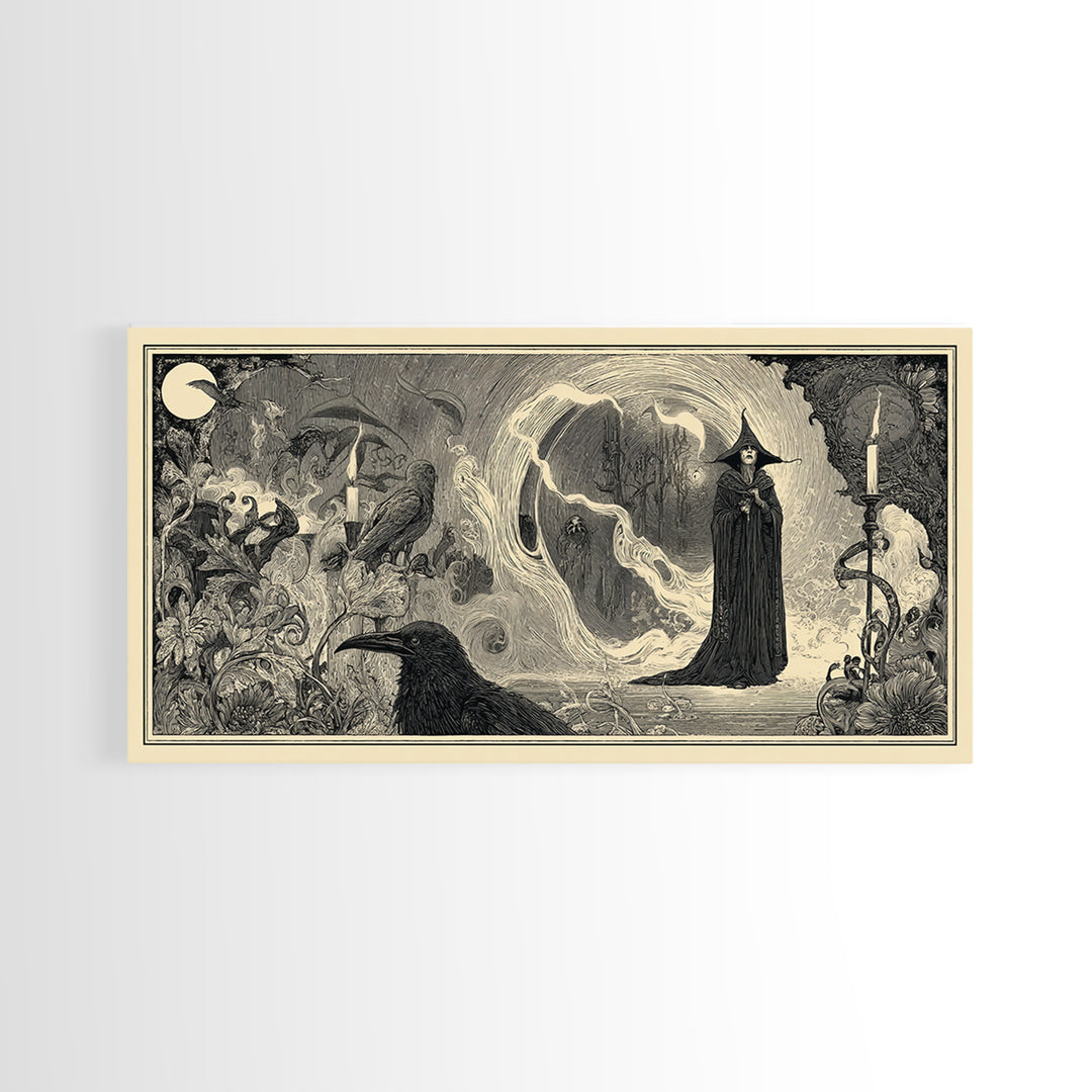 Art Nouveau Witchcraft, Expressionist Nightmare Art, Wide Panoramic Art, Dark Halloween Decor, Framed Canvas Print, Halloween Wall Art