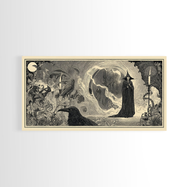 Art Nouveau Witchcraft, Expressionist Nightmare Art, Wide Panoramic Art, Dark Halloween Decor, Framed Canvas Print, Halloween Wall Art