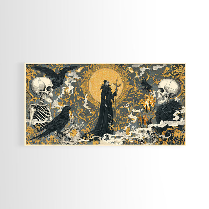 Art Nouveau Witchcraft, Macabre Folk Print Art, Wide Panoramic Art, Dark Fantasy Wall Art, Framed Canvas Print, Halloween Decor